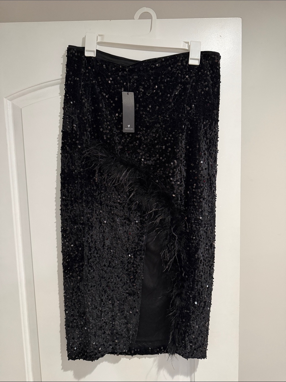 NWT Black Sequin Feather-Trim High-Rise Midi Skirt - Women